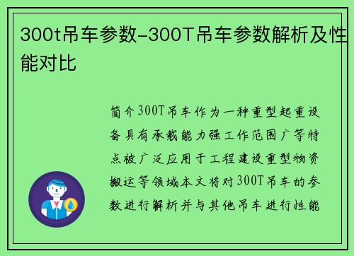 300t吊车参数-300T吊车参数解析及性能对比