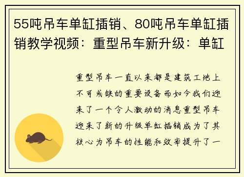 55吨吊车单缸插销、80吨吊车单缸插销教学视频：重型吊车新升级：单缸插销成为核心